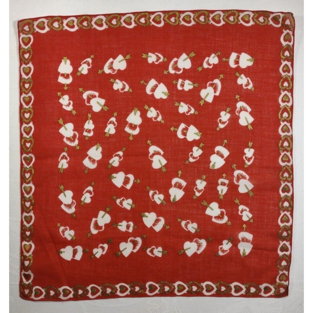 Vtg Valentines Hearts Hankie Gold paint red/white hankie 13.25x14